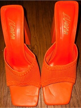 Liliana Bright Orange Knit Block Heel Mules